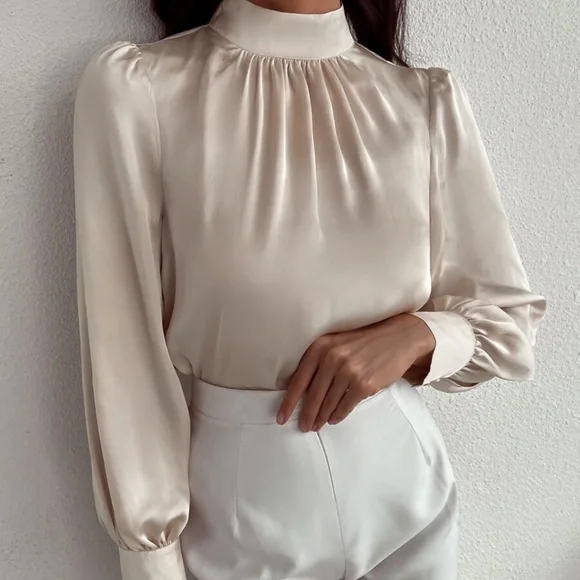 Classic High Neck pleated Satin long sleeve Top - Picture 9 of 11